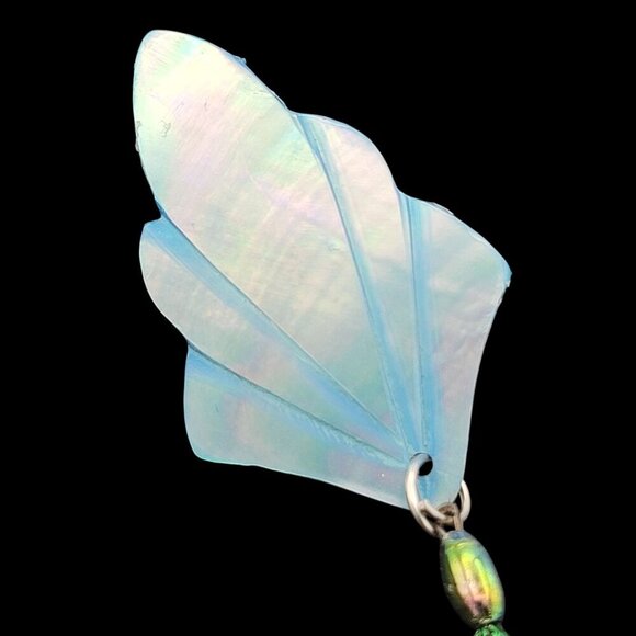 Handcrafted Iridescent Peacock Feather & Bead Earrings Shell Leaf Design 3.5" - Picture 4 of 7